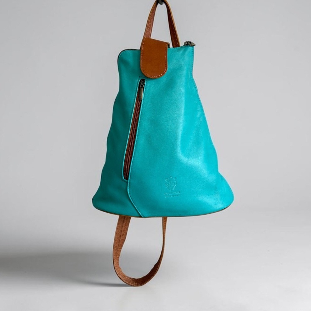 Vera Pelle Italian Leather Sling Backpack Turquoise Blue Convertible Made Italy